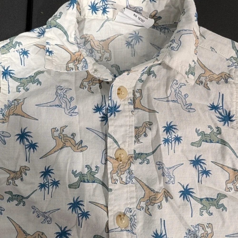 Wrangler Toddler Boy Dinosaur Print Button Down Shirt and Blue Shorts Set 3T